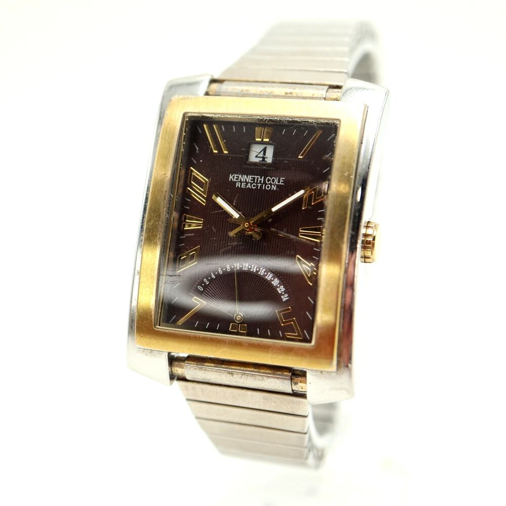 Reaction Kenneth Cole Two Tone 34mm Watch Brown Retrograde Stretch w New Battery